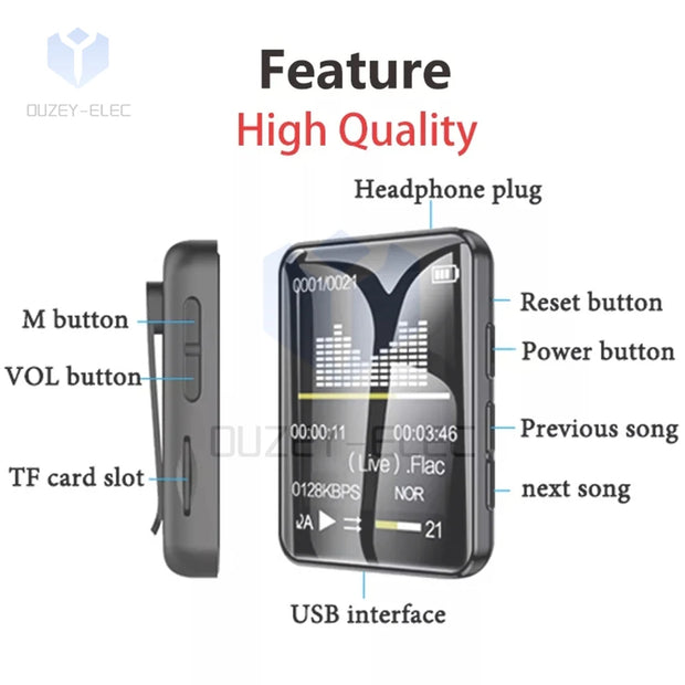 MP3 Player Full Screen Walkman Music Player Novel Reading E-book MP4 Video Player with Headphones Back Clip Built-in 4G Memory